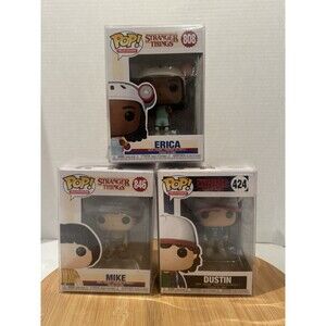 3 Funko Pops! Television Stranger Things With Pop Protector Mike, Dustin & Erica